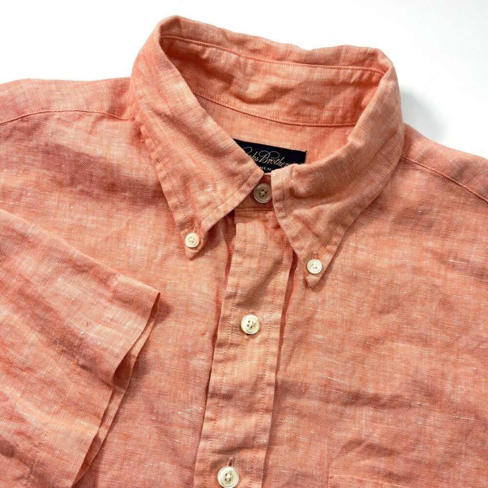 Brooks Brothers Mens M 100% Irish Linen Button Down Shirt Size M Orange Preppy‎